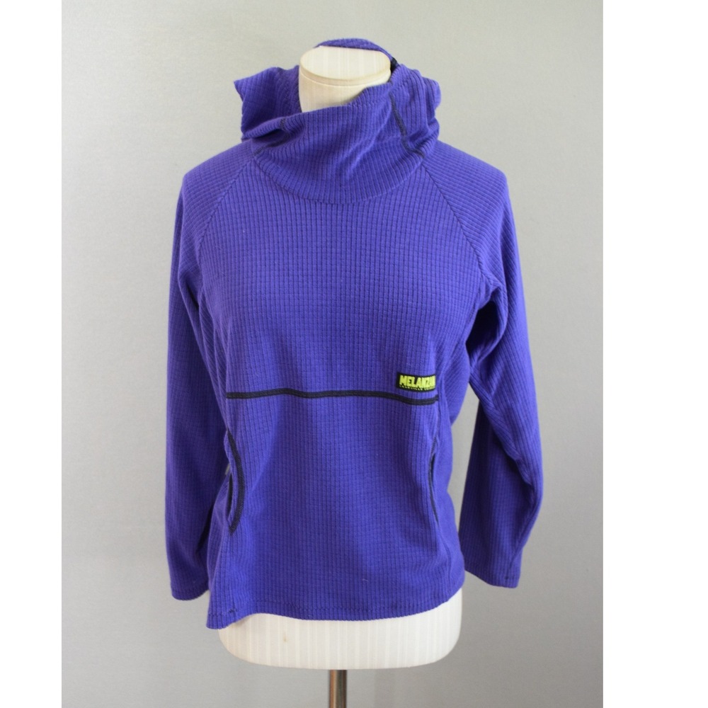Melanzana Micro Grid Hoodie Kids Large Purple Fleece Pullover Made in USA Hiking